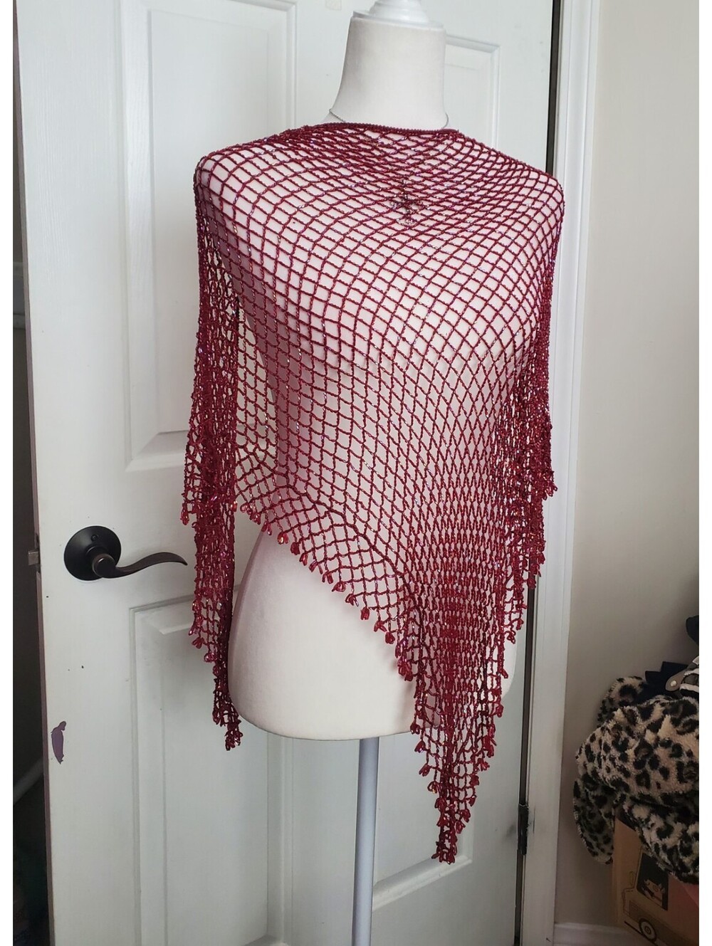 VTG Hand Crochet Beaded Triangle Shawl Wrap Iridescent Beads Boho Fairy Festival